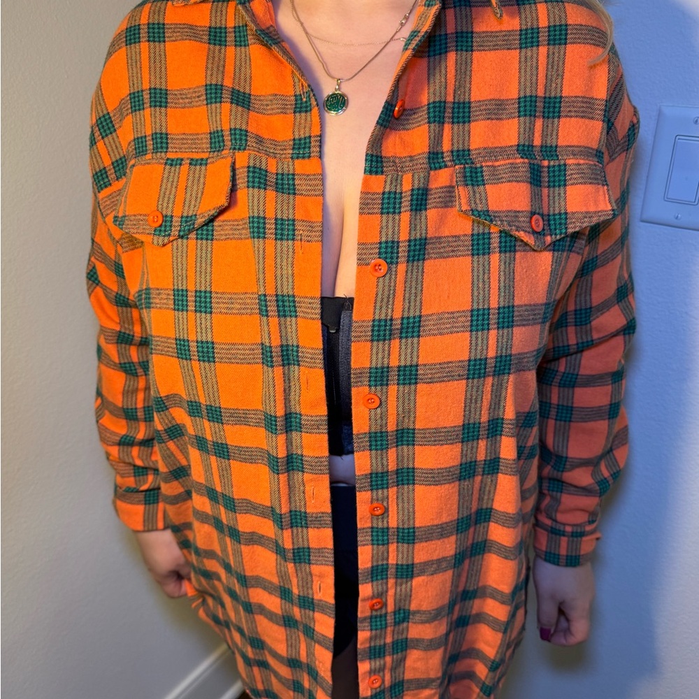 PrettyLittleThing Orange and Green Plaid Button Down Shirt